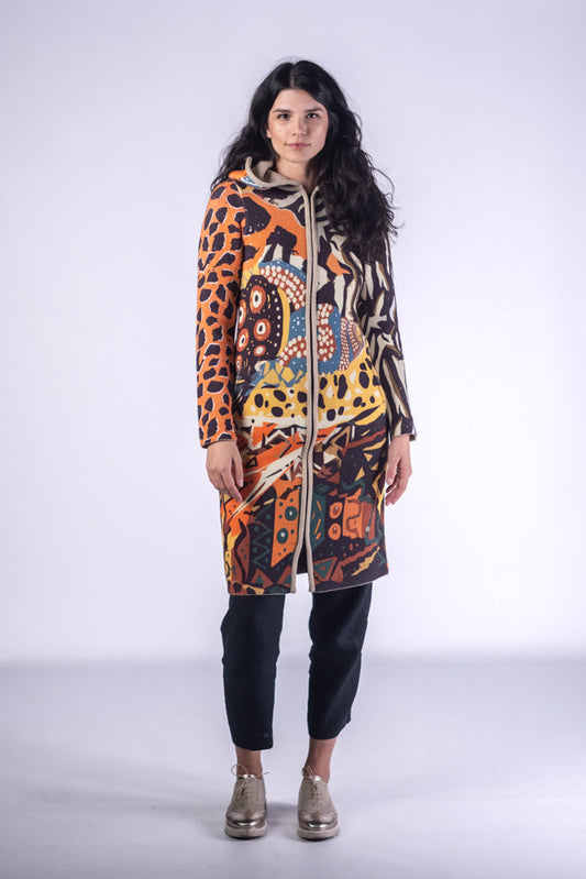 BAIKA kaput za žene Safari – štrikani kaput sa kapuljačom ili kragnom, midi 85 cm ili maxi 100 cm, zebra i leopard motivi u zemljanim tonovima, rajsferšlus celom dužinom