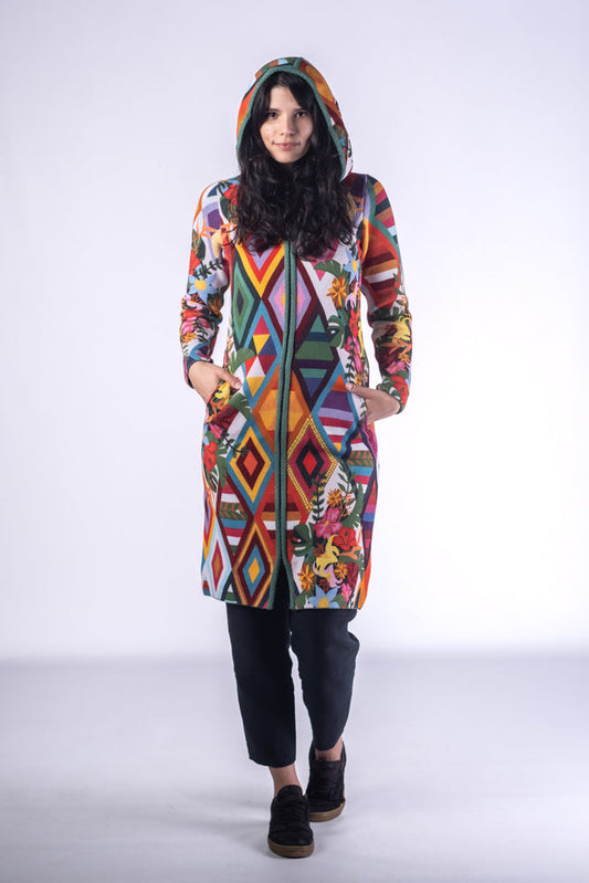 BAIKA kaput za žene Geometric – štrikani kaput sa kapuljačom ili kragnom, midi 85 cm ili maxi 100 cm, geometrijski dezen u jarkim bojama