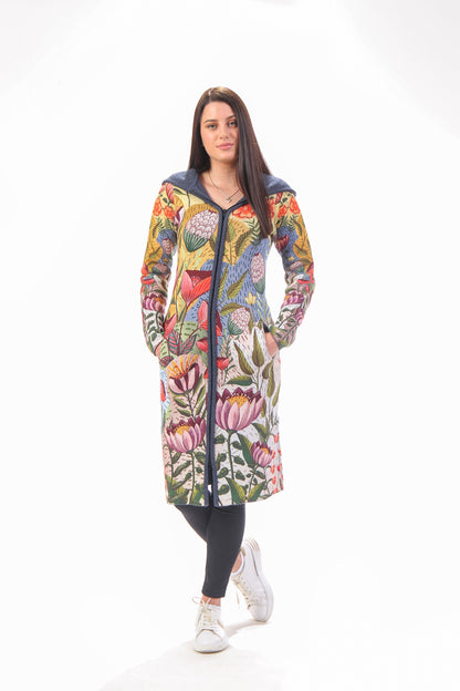 BAIKA kaput za žene Proleće – štrikani kaput sa kapuljačom ili kragnom, midi 85 cm ili maxi 100 cm, cvetni dezen