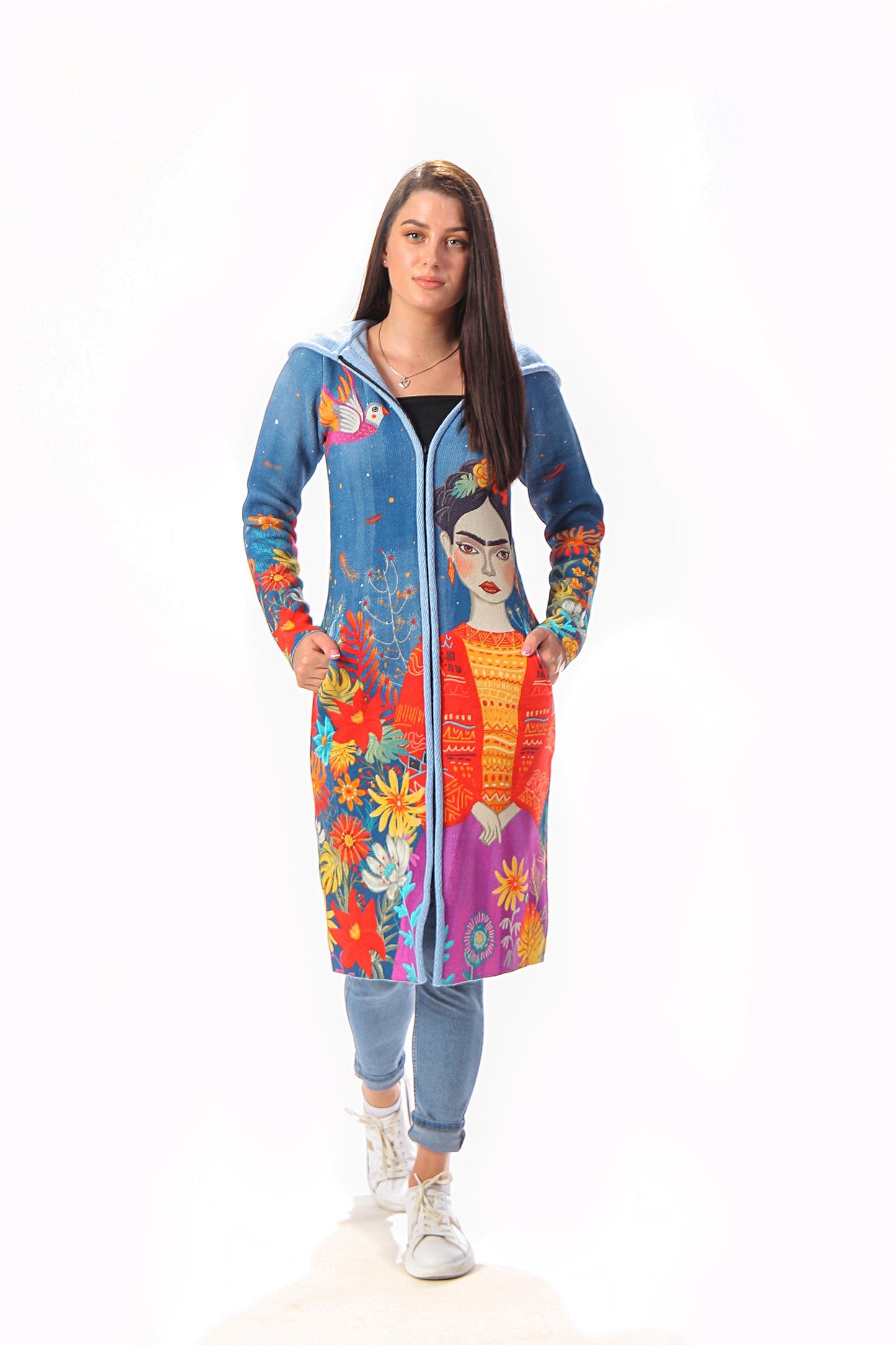 BAIKA kaput za žene Frida – štrikani kaput sa kapuljačom ili kragnom, midi 85 cm ili maxi 100 cm, cvetni motiv inspirisan Fridom