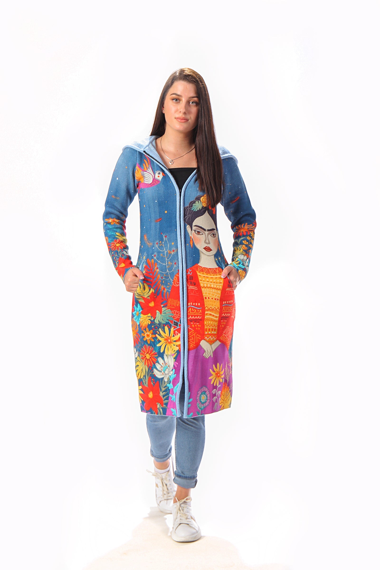 BAIKA kaput za žene Frida – štrikani kaput sa kapuljačom ili kragnom, midi 85 cm ili maxi 100 cm, cvetni motiv inspirisan Fridom