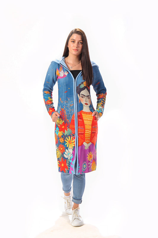 BAIKA kaput za žene Frida – štrikani kaput sa kapuljačom ili kragnom, midi 85 cm ili maxi 100 cm, cvetni motiv inspirisan Fridom
