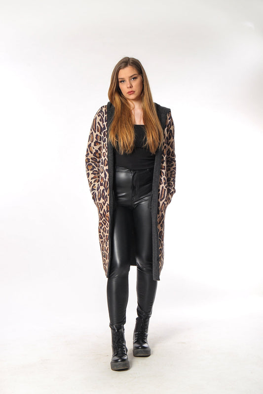 BAIKA kaput za žene Leopard – štrikani kaput sa kapuljačom ili kragnom, animal print leopard, midi 85 cm ili maxi 100 cm